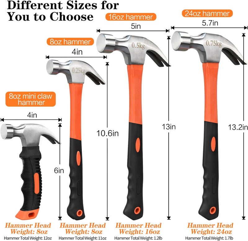 DkOvn 2pcs 24oz Claw Hammer, Straight Rip Claw Hammer, Fiberglass General Purpose Hammer with Smooth Face & Non-slip Grip - Image 2